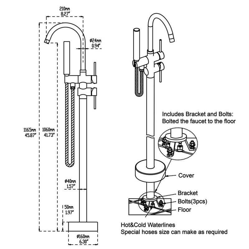 UFINE 1 Handle Floor Mounted Clawfoot Tub Faucet with Diverter and